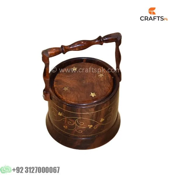 Bucket Shape Wooden Coffee Coaster With Brass Inlaid